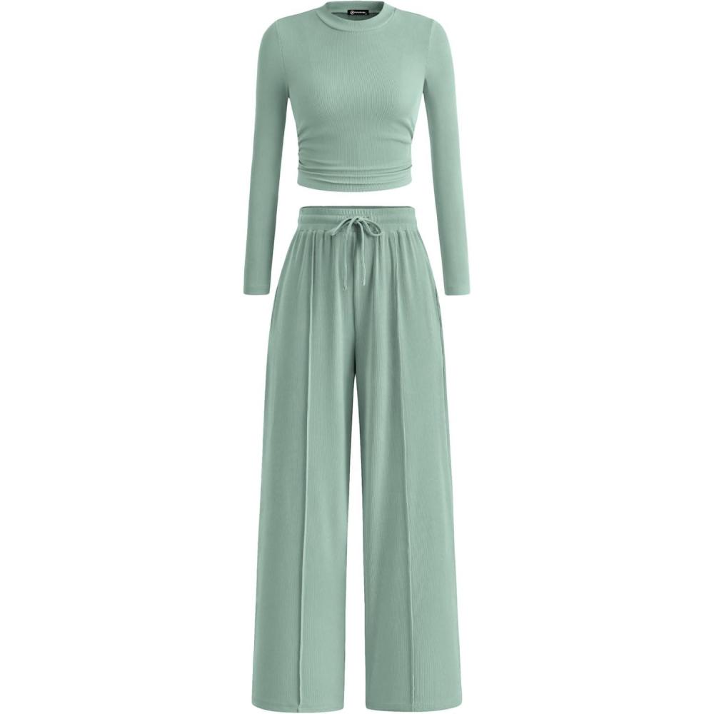 imagePRETTYGARDEN Womens 2 Piece Sets 2026 Fall Long Sleeve Crop Tops Wide Leg Pants Matching Outfit Tracksuits Spring ClothesLight Green