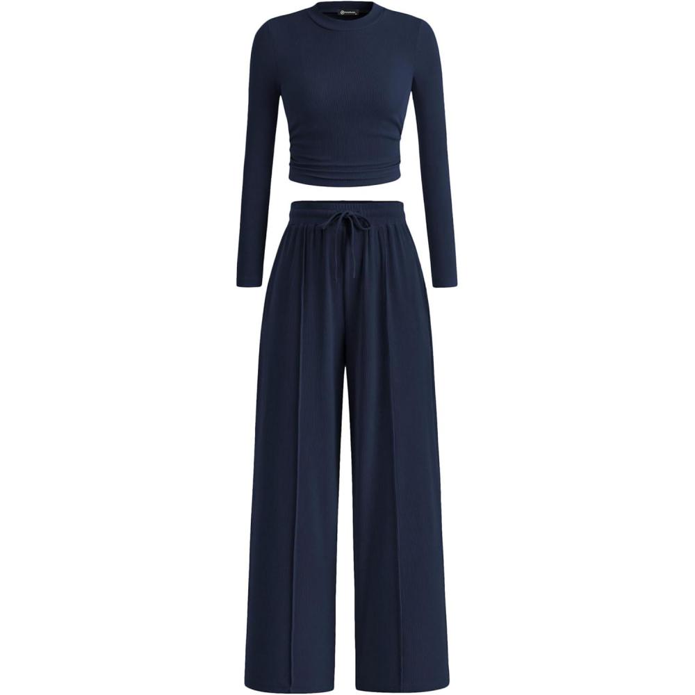 imagePRETTYGARDEN Womens 2 Piece Sets 2026 Fall Long Sleeve Crop Tops Wide Leg Pants Matching Outfit Tracksuits Spring ClothesNavy