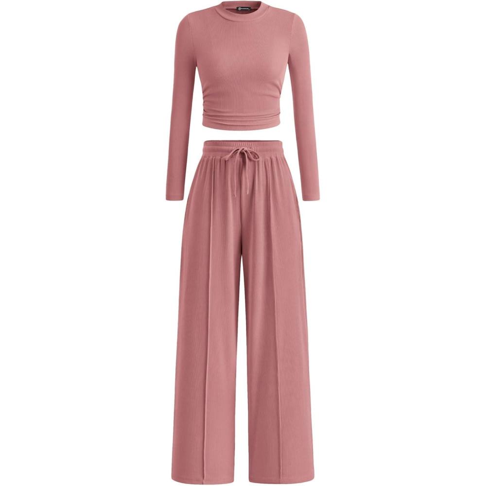 imagePRETTYGARDEN Womens 2 Piece Sets 2026 Fall Long Sleeve Crop Tops Wide Leg Pants Matching Outfit Tracksuits Spring ClothesPink