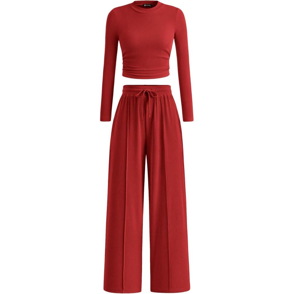 imagePRETTYGARDEN Womens 2 Piece Sets 2026 Fall Long Sleeve Crop Tops Wide Leg Pants Matching Outfit Tracksuits Spring ClothesRed