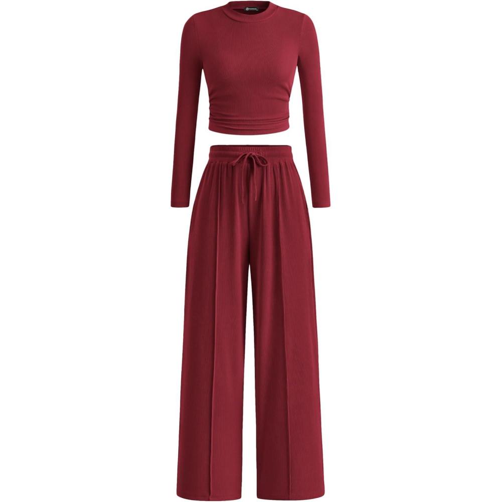 imagePRETTYGARDEN Womens 2 Piece Sets 2026 Fall Long Sleeve Crop Tops Wide Leg Pants Matching Outfit Tracksuits Spring ClothesWine Red