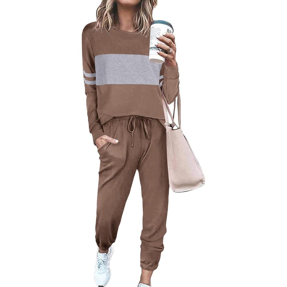 imagePRETTYGARDEN Womens 2 Piece Sets 2026 Long Sleeve Tops High Waisted Sweatpants Lounge Set Fall Fashion Travel OutfitsDark Khaki