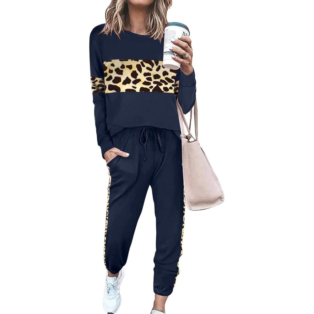 imagePRETTYGARDEN Womens 2 Piece Sets 2026 Long Sleeve Tops High Waisted Sweatpants Lounge Set Fall Fashion Travel OutfitsLeopard Navy