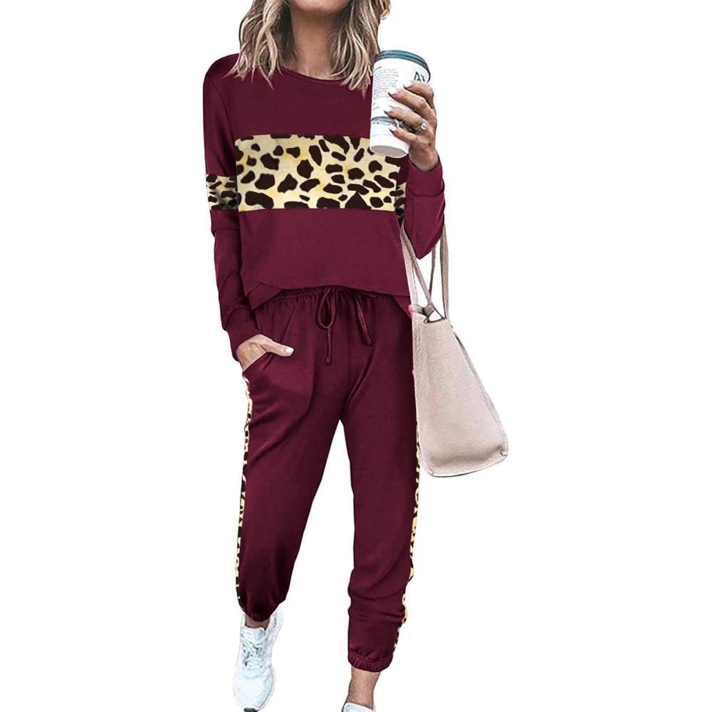 imagePRETTYGARDEN Womens 2 Piece Sets 2026 Long Sleeve Tops High Waisted Sweatpants Lounge Set Fall Fashion Travel OutfitsLeopard Wine Red