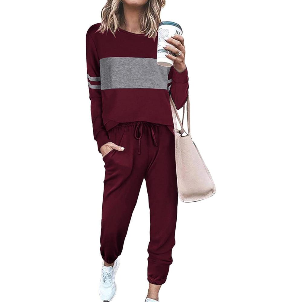imagePRETTYGARDEN Womens 2 Piece Sets 2026 Long Sleeve Tops High Waisted Sweatpants Lounge Set Fall Fashion Travel OutfitsWine Red