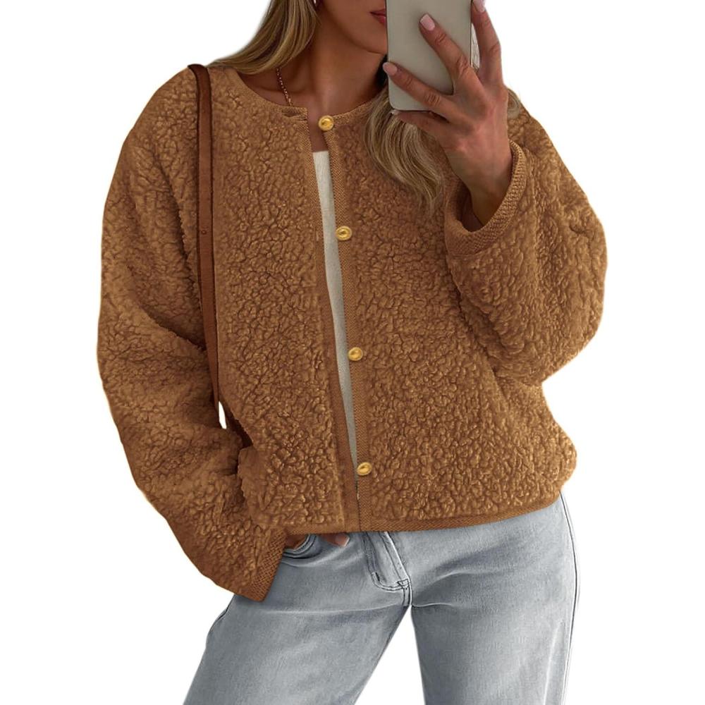 imagePRETTYGARDEN Womens 2025 Fall Fashion Clothes Trendy Fleece Sherpa Cropped Jackets Buttons Warm Casual Winter Faux Fur CoatsCaramel