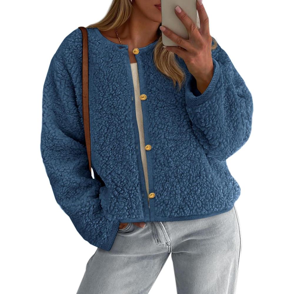imagePRETTYGARDEN Womens 2025 Fall Fashion Clothes Trendy Fleece Sherpa Cropped Jackets Buttons Warm Casual Winter Faux Fur CoatsDusty Blue