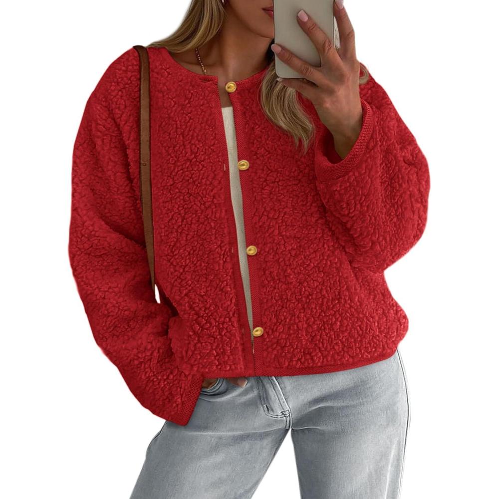 imagePRETTYGARDEN Womens 2025 Fall Fashion Clothes Trendy Fleece Sherpa Cropped Jackets Buttons Warm Casual Winter Faux Fur CoatsRed