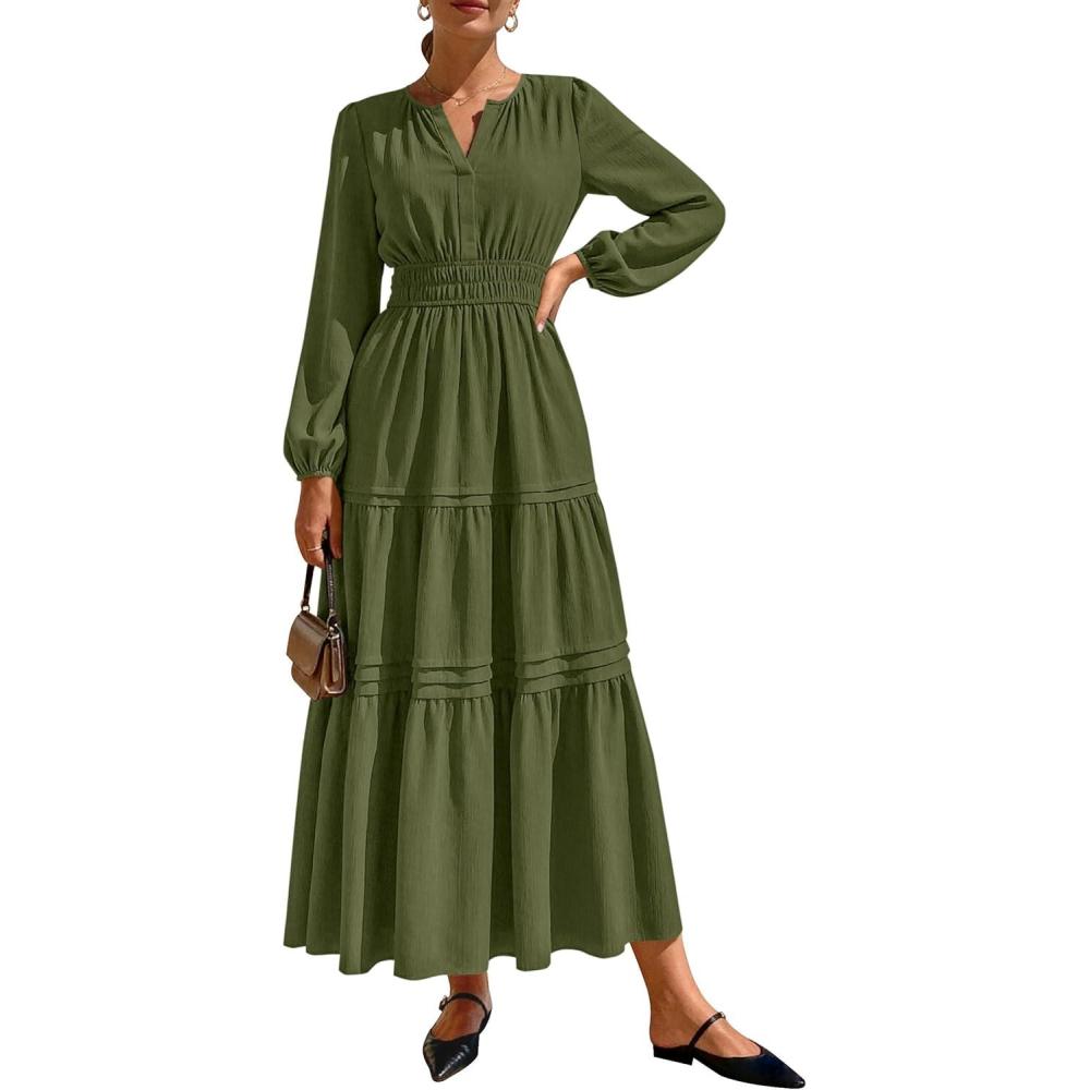 imagePRETTYGARDEN Womens 2026 Elegant Maxi Dresses Long Sleeve V Neck Flowy Pockets Casual Modest Dress Fall Fashion ClothesArmy Green