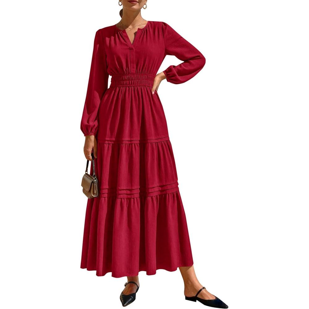 imagePRETTYGARDEN Womens 2026 Elegant Maxi Dresses Long Sleeve V Neck Flowy Pockets Casual Modest Dress Fall Fashion ClothesBurgundy