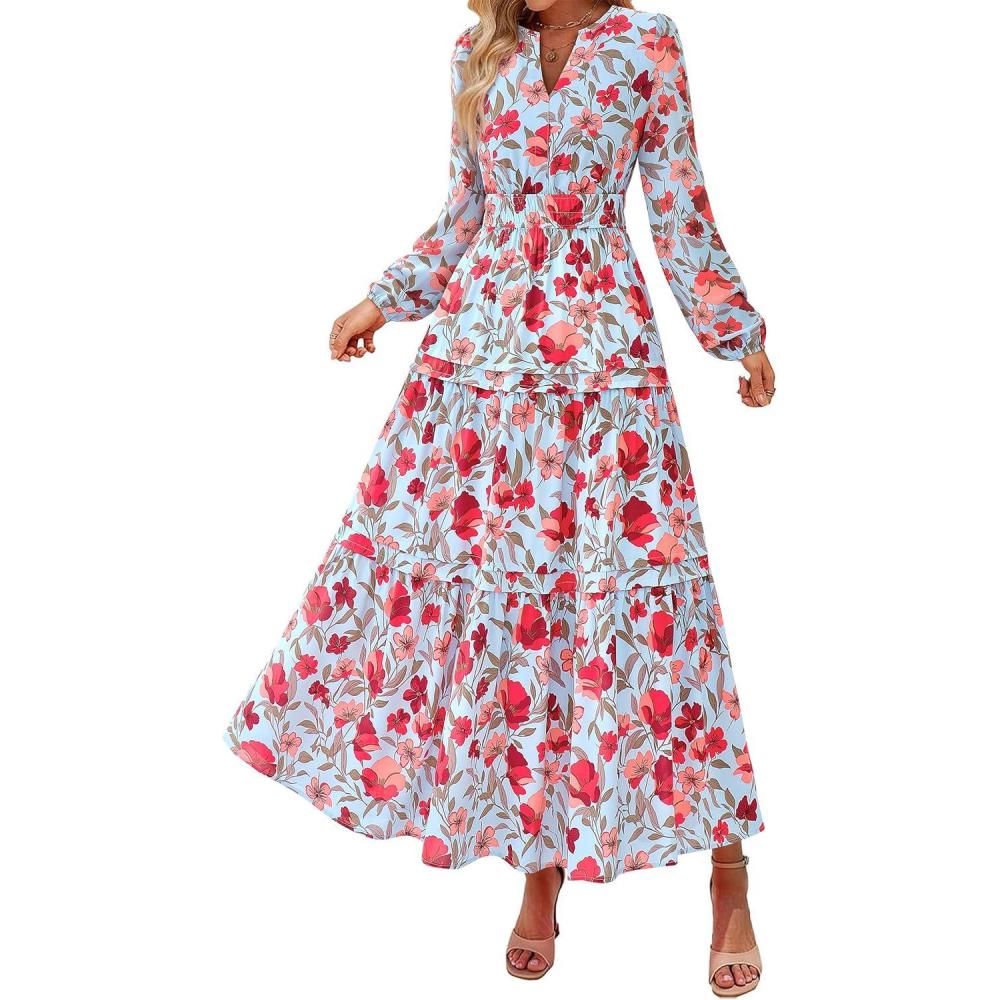 imagePRETTYGARDEN Womens 2026 Fall Fashion Clothing Boho Maxi Dresses Floral Long Sleeve Flowy Elegant Wedding Guest Holiday DressFloral Blue Red