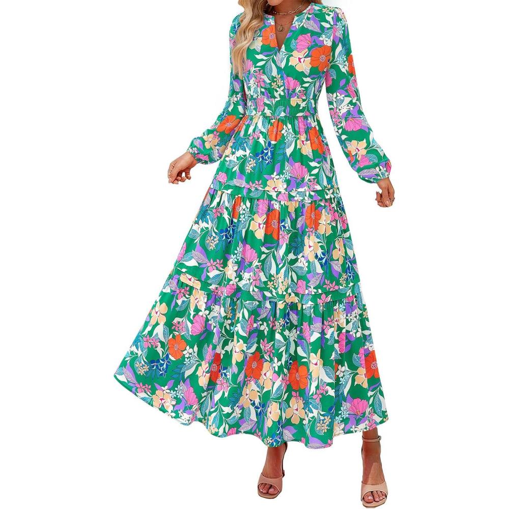 imagePRETTYGARDEN Womens 2026 Fall Fashion Clothing Boho Maxi Dresses Floral Long Sleeve Flowy Elegant Wedding Guest Holiday DressFloral Green Orange