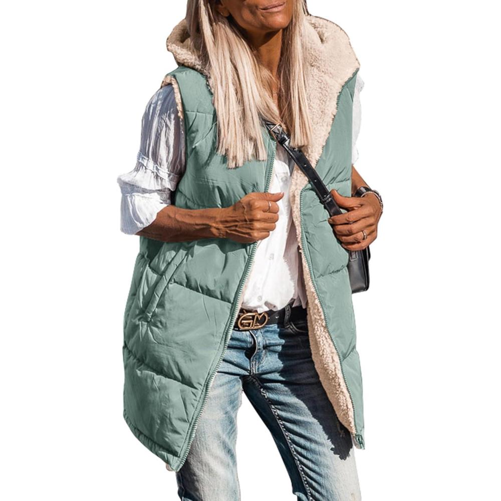 imagePRETTYGARDEN Womens 2026 Fall Reversible Long Vests Sleeveless Fleece Jacket Zip Up Hoodie Pockets Warm Coat Winter ClothingGrey Green