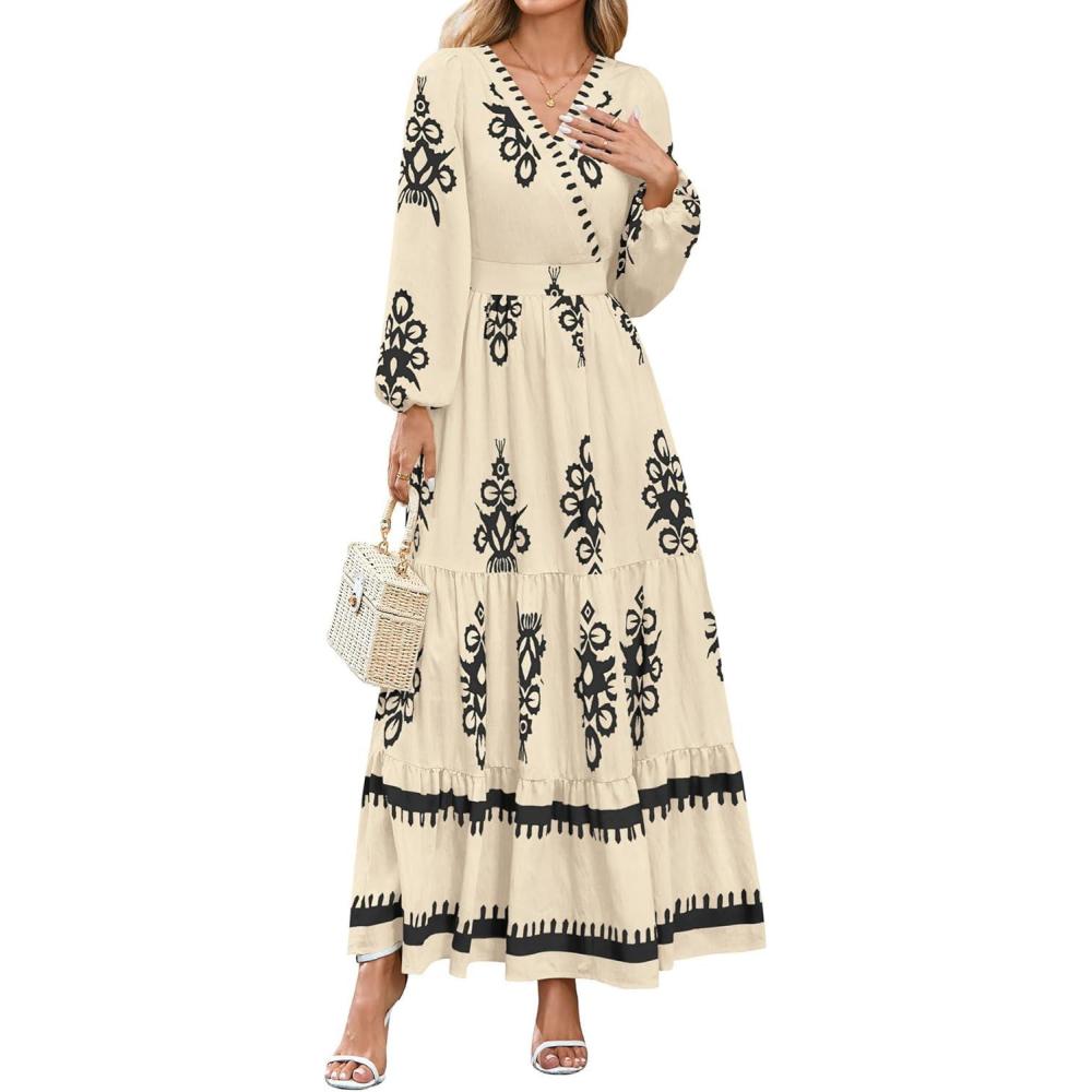 imagePRETTYGARDEN Womens 2026 Fall Wedding Guest Dresses Boho Floral Long Sleeve V Neck Flowy Elegant Maxi Dress Beach ClothesFloral Apricot Black