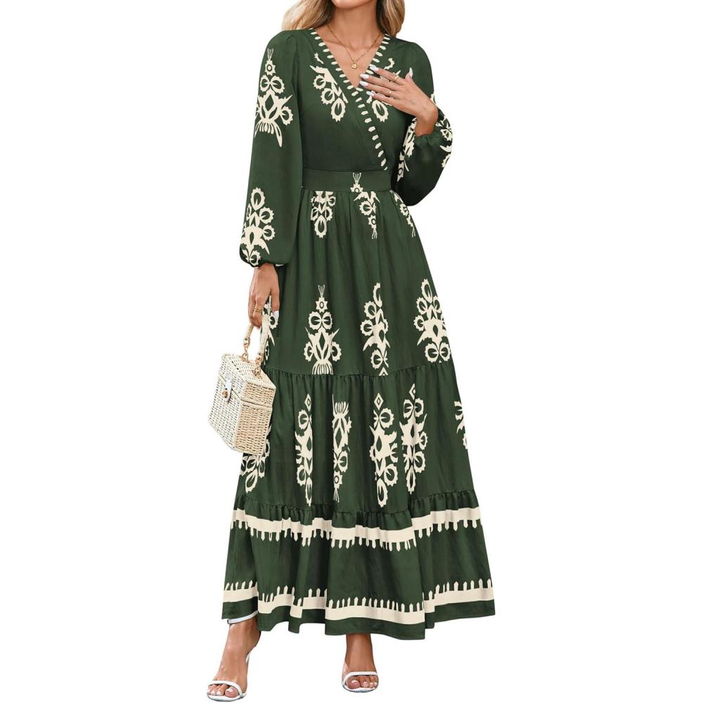 imagePRETTYGARDEN Womens 2026 Fall Wedding Guest Dresses Boho Floral Long Sleeve V Neck Flowy Elegant Maxi Dress Beach ClothesFloral Army Green Apricot