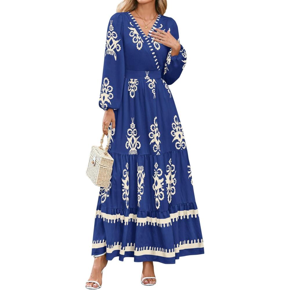 imagePRETTYGARDEN Womens 2026 Fall Wedding Guest Dresses Boho Floral Long Sleeve V Neck Flowy Elegant Maxi Dress Beach ClothesFloral Navy Apricot