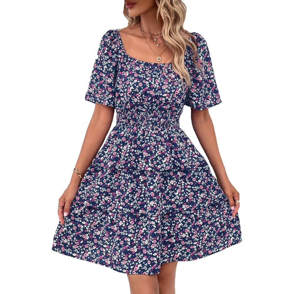 imagePRETTYGARDEN Womens 2026 Floral Summer Short Dress Square Neck Short Sleeve Tiered Ruffle Boho Swing DressesBlue Purple Floral