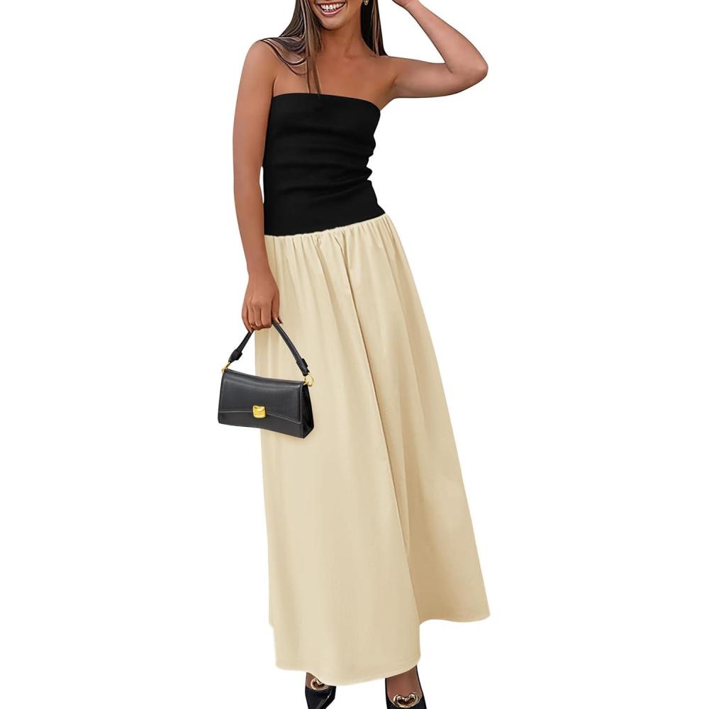 imagePRETTYGARDEN Womens 2026 Spring Strapless Maxi Dresses Patchwork Long Flowy Pockets Elegant Going Out Summer Tube Top DressApricot