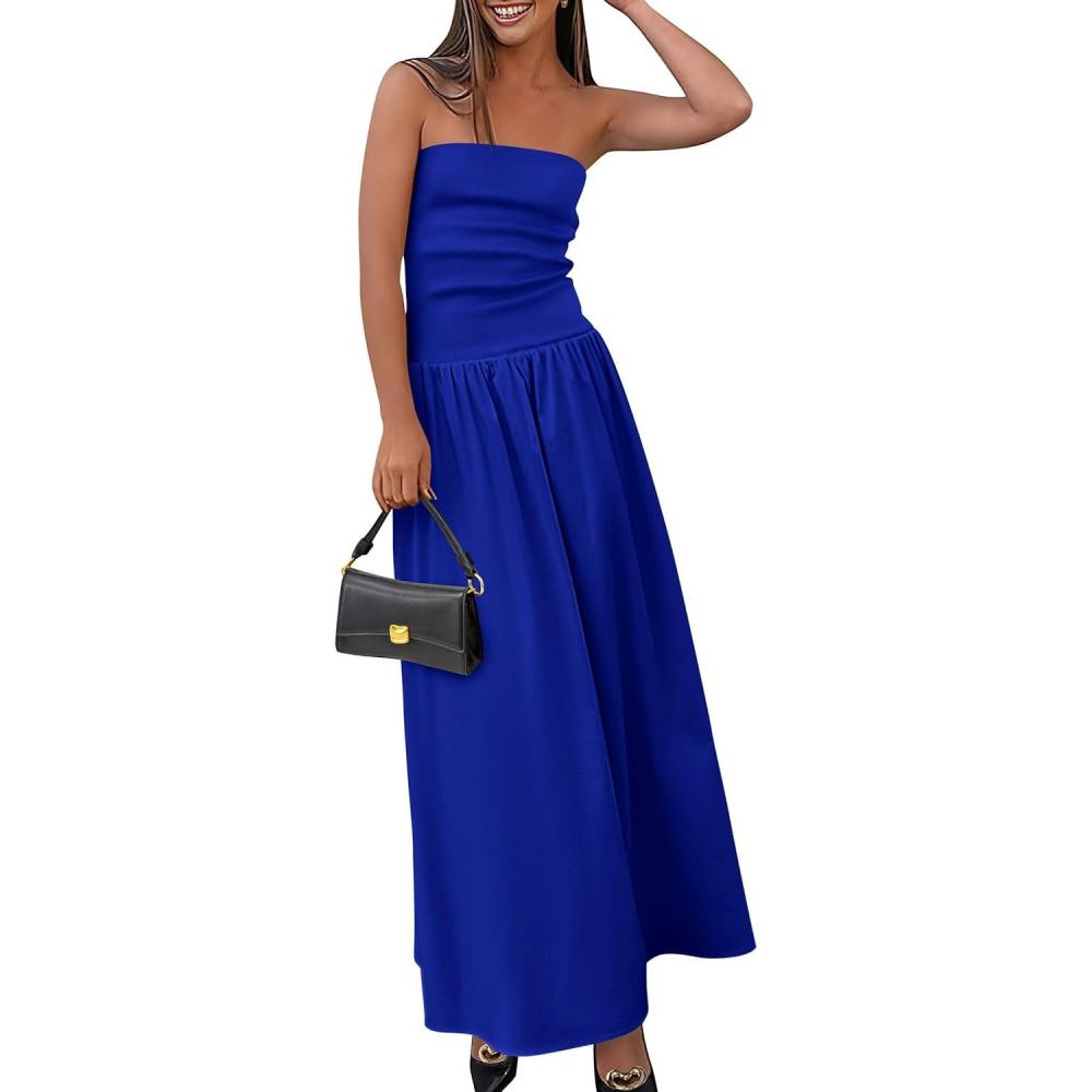 imagePRETTYGARDEN Womens 2026 Spring Strapless Maxi Dresses Patchwork Long Flowy Pockets Elegant Going Out Summer Tube Top DressBlue