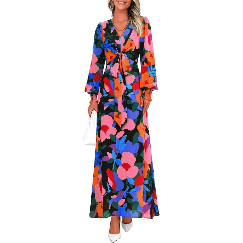 imagePRETTYGARDEN Womens 2026 Spring Wedding Guest Dresses Floral Long Sleeve V Neck Belted Long Flowy Boho Maxi DressFloral Black