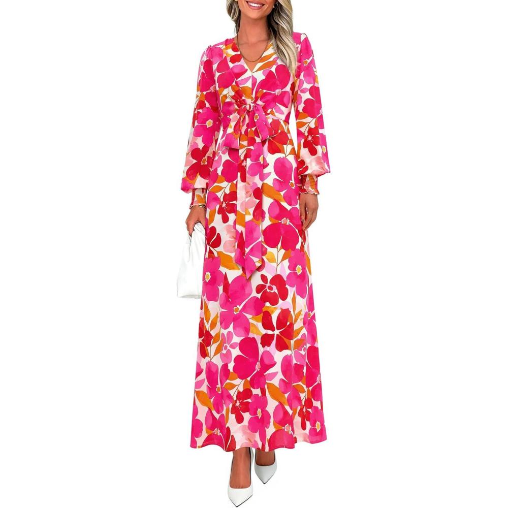 imagePRETTYGARDEN Womens 2026 Spring Wedding Guest Dresses Floral Long Sleeve V Neck Belted Long Flowy Boho Maxi DressFloral White Rose Red