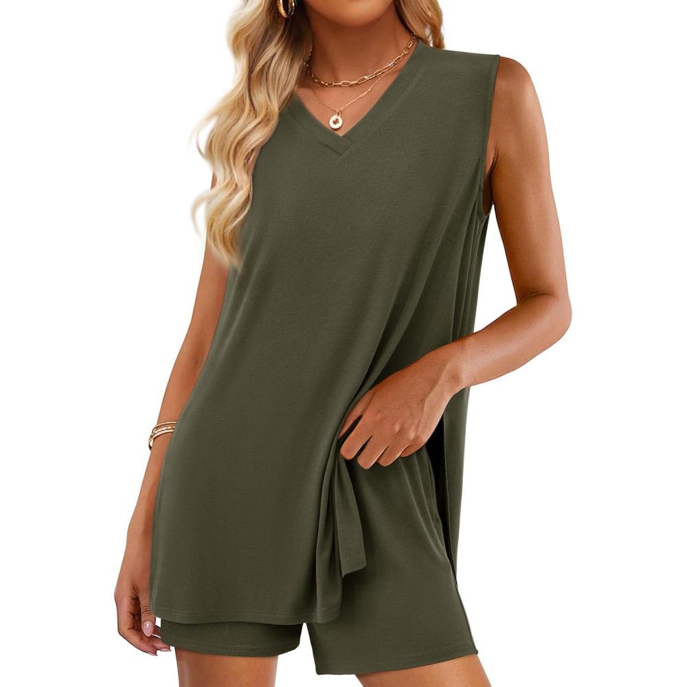imagePRETTYGARDEN Womens 2026 Summer 2 Piece Shorts Sets V Neck Long Tank Tops High Waisted Loose Fit Matching Travel OutfitsArmy Green