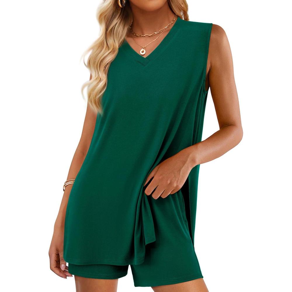imagePRETTYGARDEN Womens 2026 Summer 2 Piece Shorts Sets V Neck Long Tank Tops High Waisted Loose Fit Matching Travel OutfitsGreen