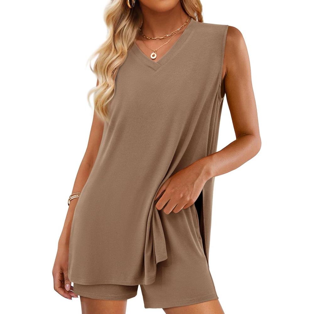imagePRETTYGARDEN Womens 2026 Summer 2 Piece Shorts Sets V Neck Long Tank Tops High Waisted Loose Fit Matching Travel OutfitsKhaki