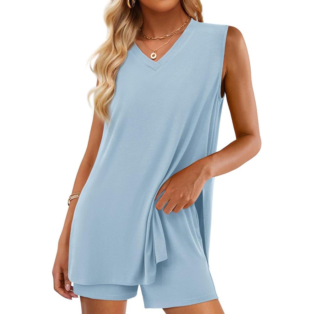 imagePRETTYGARDEN Womens 2026 Summer 2 Piece Shorts Sets V Neck Long Tank Tops High Waisted Loose Fit Matching Travel OutfitsLight Blue