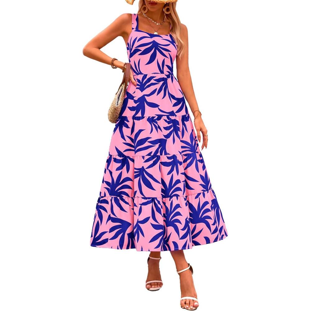 imagePRETTYGARDEN Womens 2026 Summer Floral Maxi Dress Sleeveless Smocked Ruffle Long Flowy Beach Vacation Boho SundressesFloral Pink Blue