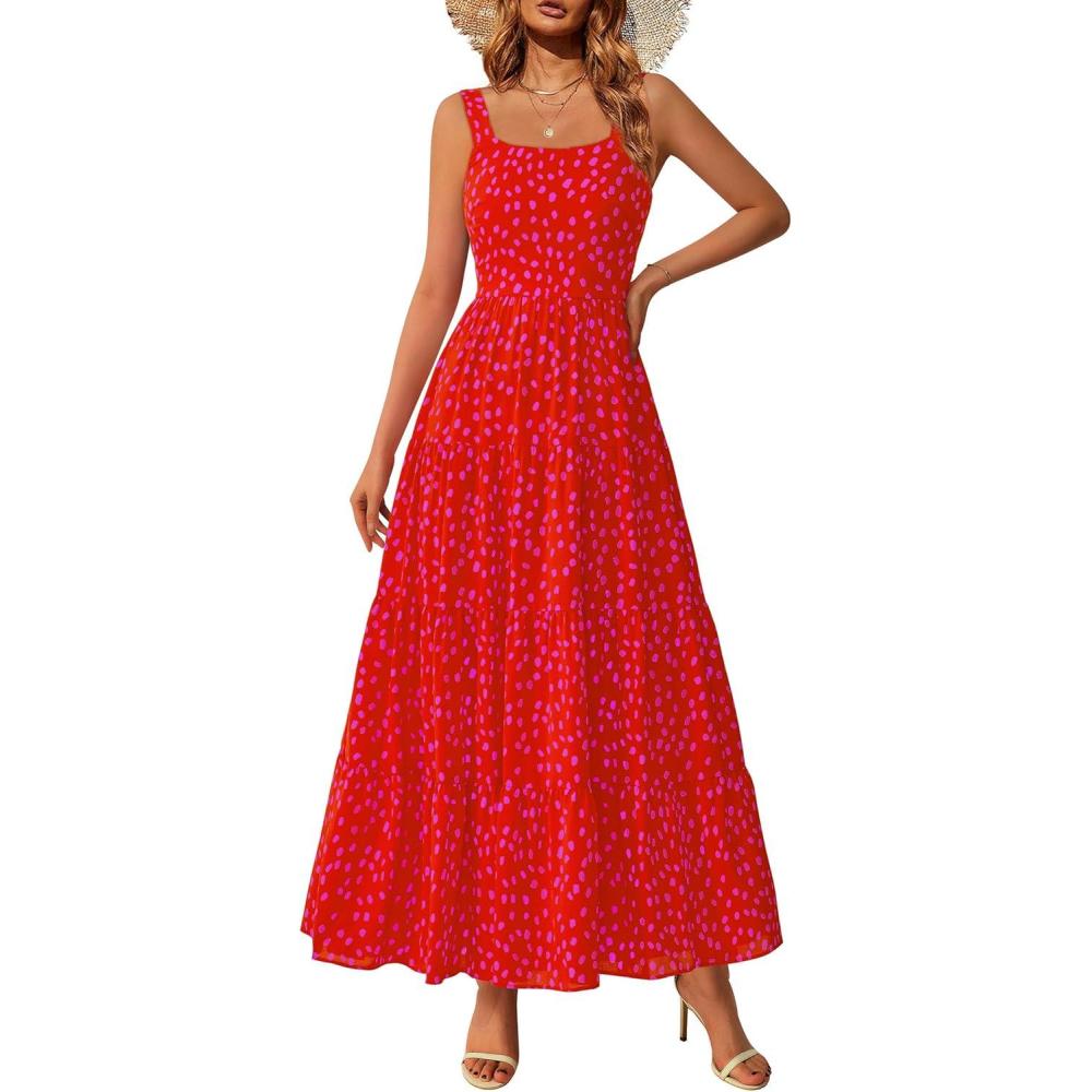 imagePRETTYGARDEN Womens 2026 Summer Floral Maxi Dress Sleeveless Smocked Ruffle Long Flowy Beach Vacation Boho SundressesRed Floral