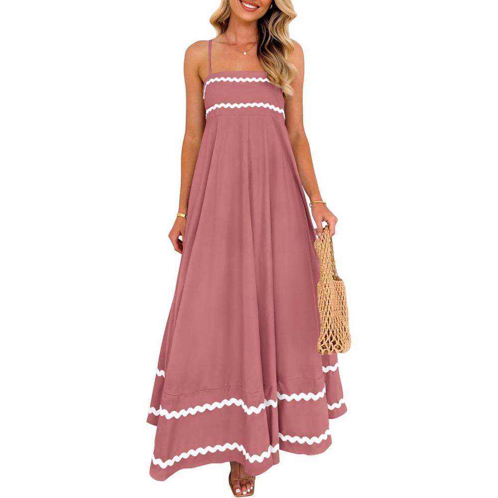 imagePRETTYGARDEN Womens 2026 Summer Flowy Maxi Dress Casual Sleeveless Spaghetti Strap Ruffle Beach Long DressesDark Pink