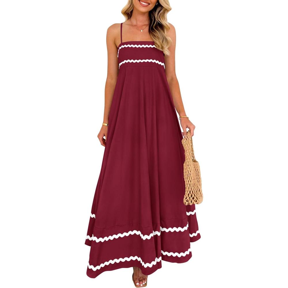 imagePRETTYGARDEN Womens 2026 Summer Flowy Maxi Dress Casual Sleeveless Spaghetti Strap Ruffle Beach Long DressesDark Red