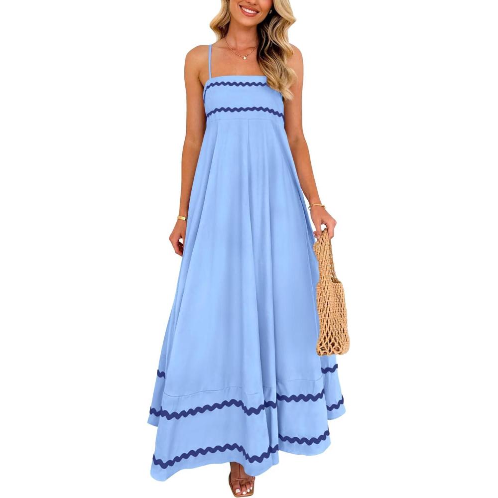 imagePRETTYGARDEN Womens 2026 Summer Flowy Maxi Dress Casual Sleeveless Spaghetti Strap Ruffle Beach Long DressesLight Blue