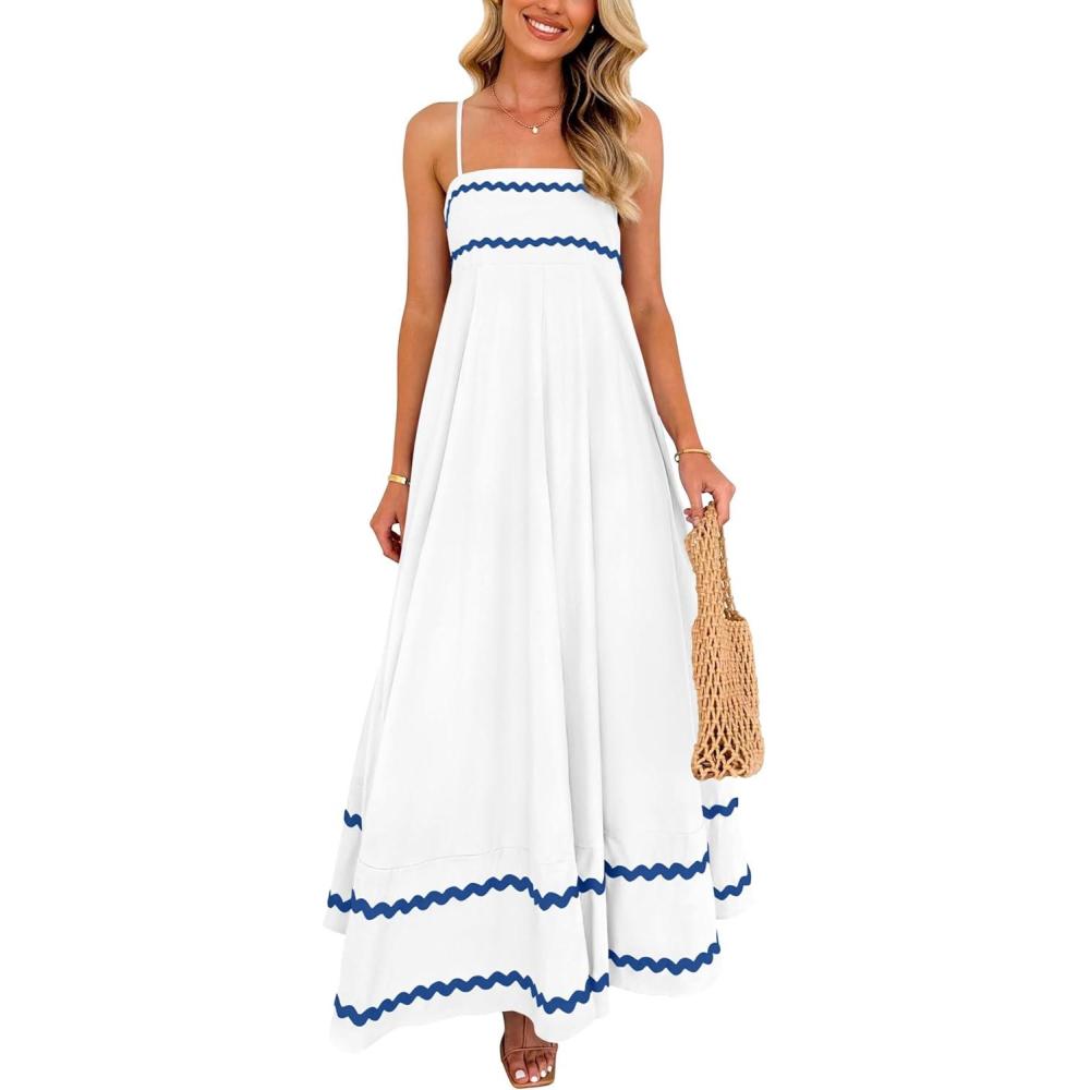 imagePRETTYGARDEN Womens 2026 Summer Flowy Maxi Dress Casual Sleeveless Spaghetti Strap Ruffle Beach Long DressesWhite Blue