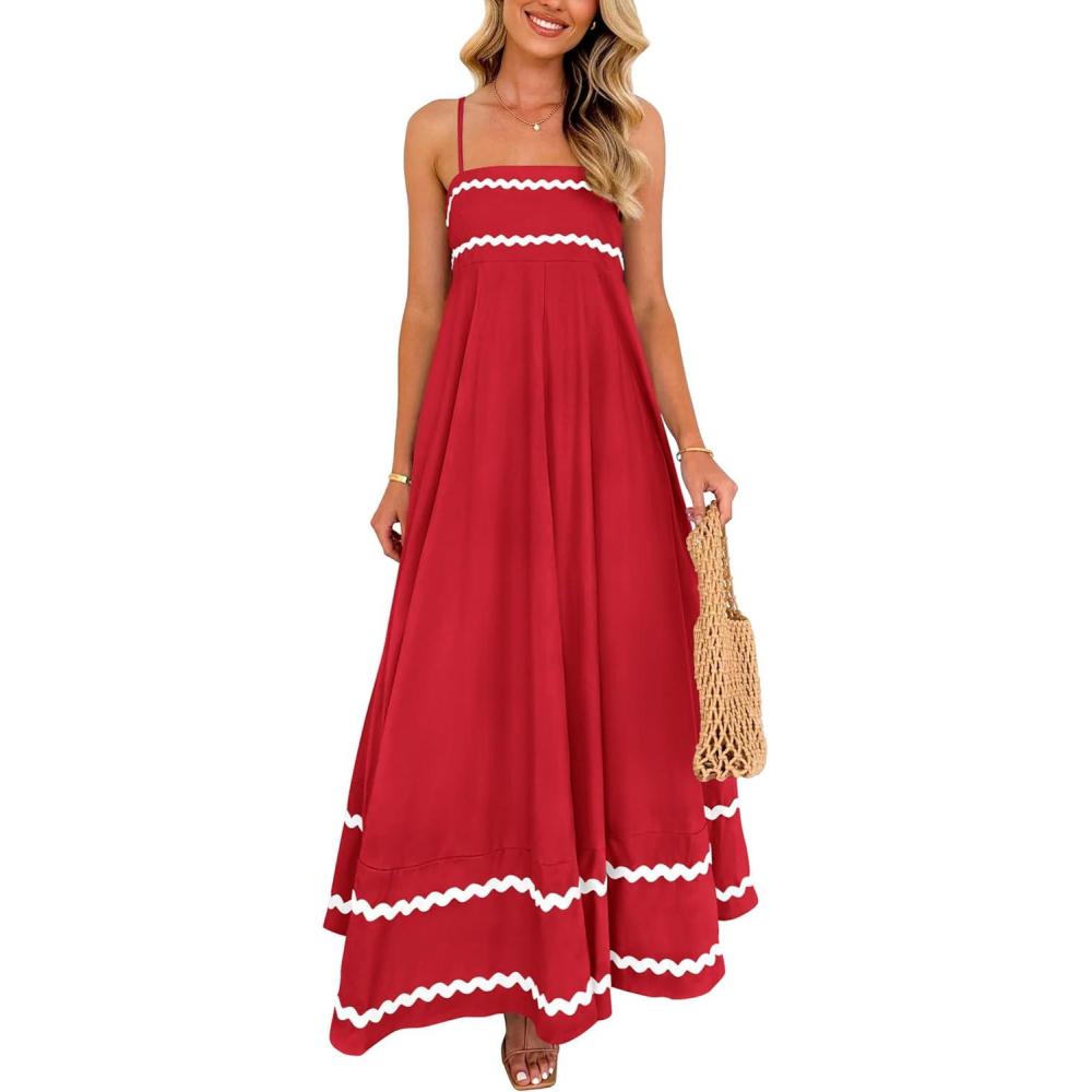 imagePRETTYGARDEN Womens 2026 Summer Flowy Maxi Dress Casual Sleeveless Spaghetti Strap Ruffle Beach Long DressesWine Red