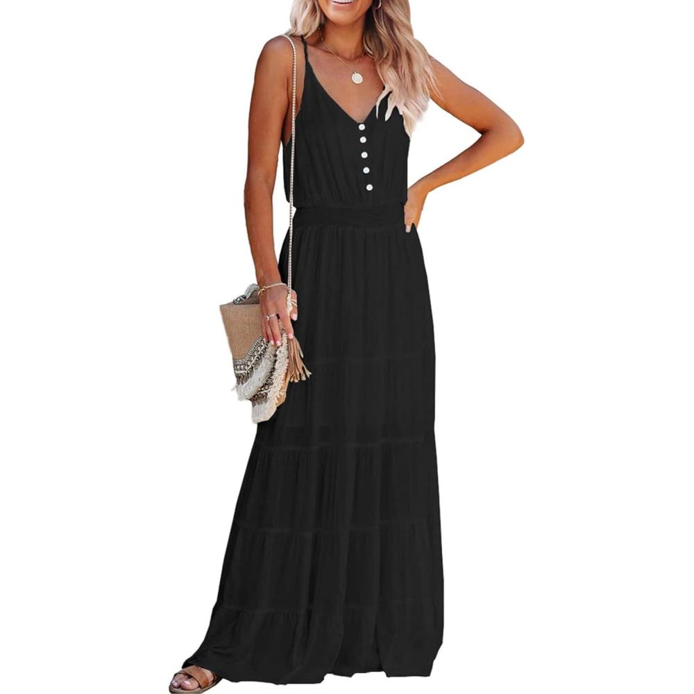 imagePRETTYGARDEN Womens 2026 Summer Maxi Dress Spaghetti Strap Sleeveless High Waist Beach Vacation Long SundressesBlack
