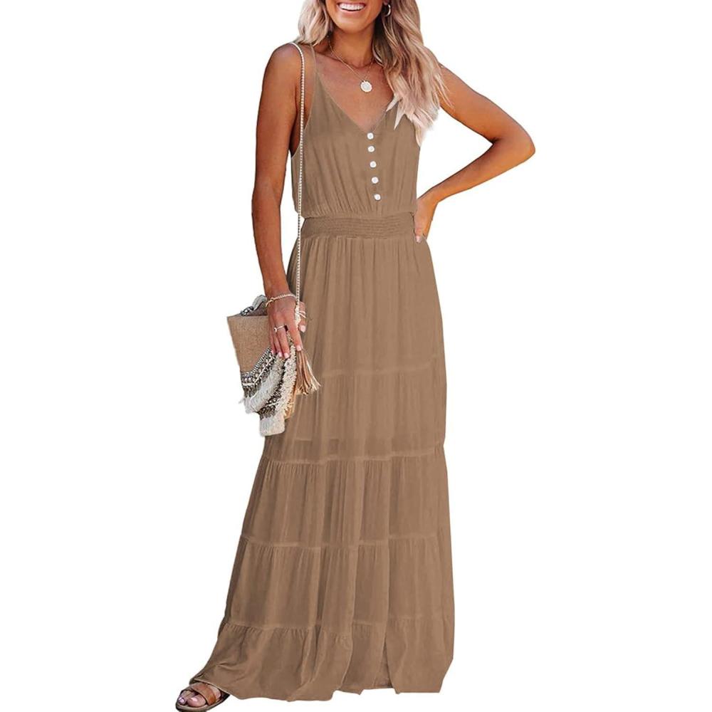 imagePRETTYGARDEN Womens 2026 Summer Maxi Dress Spaghetti Strap Sleeveless High Waist Beach Vacation Long SundressesDark Apricot