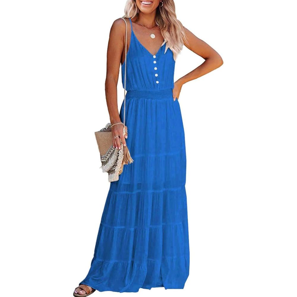 imagePRETTYGARDEN Womens 2026 Summer Maxi Dress Spaghetti Strap Sleeveless High Waist Beach Vacation Long SundressesLake Blue