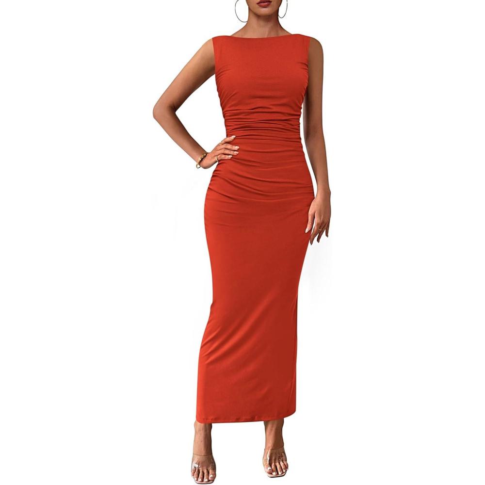 imagePRETTYGARDEN Womens 2026 Summer Semi Formal Midi Dresses Sleeveless Ruched Bodycon Long Elegant Cocktail Wedding Guest DressBrick Red