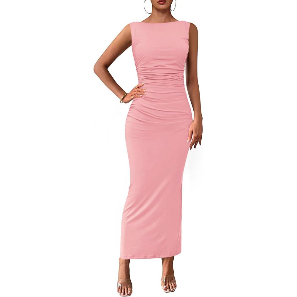 imagePRETTYGARDEN Womens 2026 Summer Semi Formal Midi Dresses Sleeveless Ruched Bodycon Long Elegant Cocktail Wedding Guest DressPink