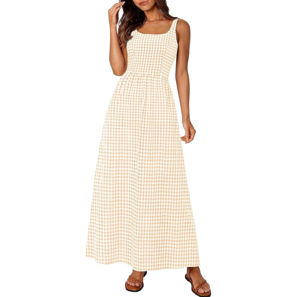 imagePRETTYGARDEN Womens 2026 Summer Spaghetti Strap Maxi Dresses Plaid Square Neck A Line Casual Beach Vacation Long SundressBeige
