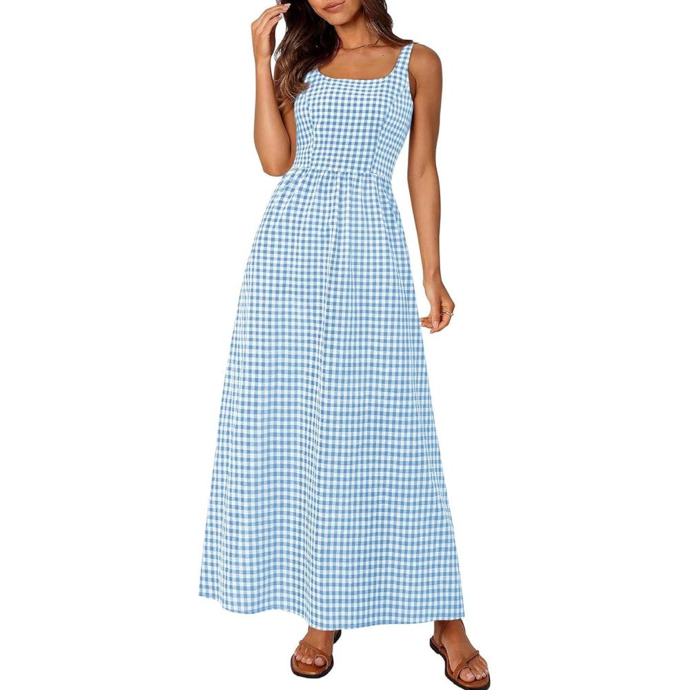imagePRETTYGARDEN Womens 2026 Summer Spaghetti Strap Maxi Dresses Plaid Square Neck A Line Casual Beach Vacation Long SundressDusty Blue