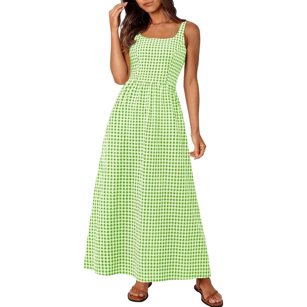 imagePRETTYGARDEN Womens 2026 Summer Spaghetti Strap Maxi Dresses Plaid Square Neck A Line Casual Beach Vacation Long SundressGreen