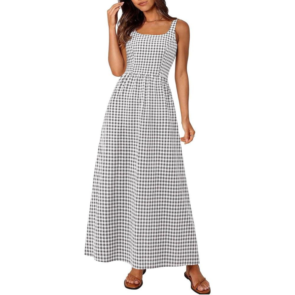 imagePRETTYGARDEN Womens 2026 Summer Spaghetti Strap Maxi Dresses Plaid Square Neck A Line Casual Beach Vacation Long SundressGrey