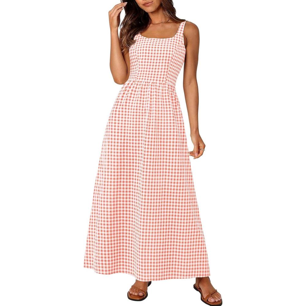 imagePRETTYGARDEN Womens 2026 Summer Spaghetti Strap Maxi Dresses Plaid Square Neck A Line Casual Beach Vacation Long SundressPink