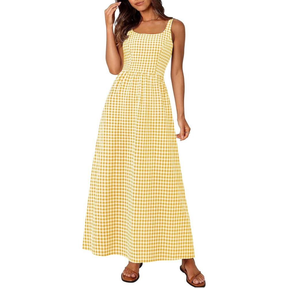 imagePRETTYGARDEN Womens 2026 Summer Spaghetti Strap Maxi Dresses Plaid Square Neck A Line Casual Beach Vacation Long SundressYellow
