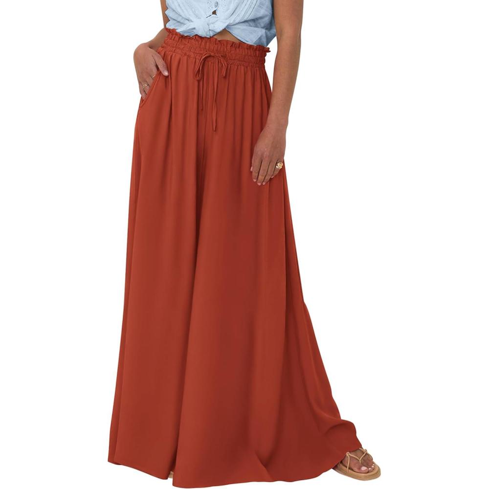 imagePRETTYGARDEN Womens 2026 Summer Wide Leg Palazzo Pants High Waisted Flowy Pockets Spring Casual Lounge Boho Beach TrousersBrick Red