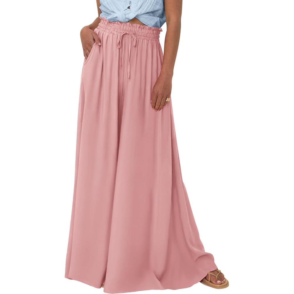imagePRETTYGARDEN Womens 2026 Summer Wide Leg Palazzo Pants High Waisted Flowy Pockets Spring Casual Lounge Boho Beach TrousersPink