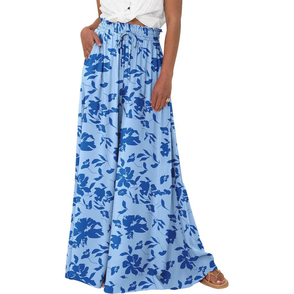 imagePRETTYGARDEN Womens 2026 Summer Wide Leg Palazzo Pants High Waisted Flowy Pockets Spring Casual Lounge Boho Beach TrousersPrint Blue
